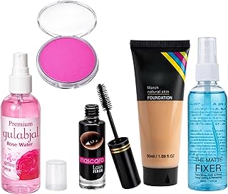 Professional 5-Piece Complete Face Makeup & Skincare Kit – Includes HD Liquid Foundation (50ml), Premium Rose Water Mist, Matte Pink Blusher, Volumizi