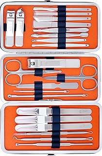 Beauté Secrets Manicure Set, 22 in 1 Stainless Steel Professional Pedicure Kit Nail Scissors Grooming Kit with Mirror and Blue Leather Travel Case, Do