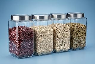 JEXE Glass Jars for Kitchen Storage (Set of 4) 1000ml 1kg – Airtight Square Glass Containers | Great for Masala, Pickle, Tea Coffee, Snacks, Rice, Dal