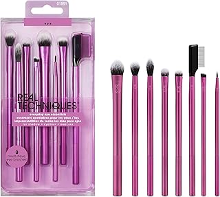 Real Techniques Eyeshadow Brush Set, Makeup with Gel Eyeliner, Flat Eye, and Eyelash Brushes, Purple, 8 Piece