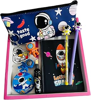 Le Delite Kids Space Astronaut Planet Theme Stationery Set-7-Piece Combo with Diary,Pouch,Eraser,Pen,Pencil,Keychain & Badge for Boys & Girls,Perfect