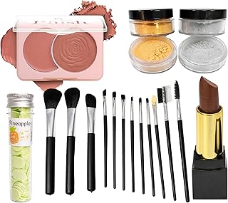 Professional 6-in-1 Makeup & Skincare Combo | 12-Piece Premium Face & Eye Brush Set, Dual Blush & Contour Palette, Gold & Silver Shimmer Pigments | In