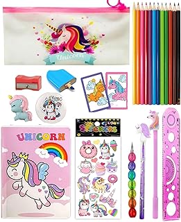 Combo of Unicorn Stationery Gift Set for Kids Unicorn Mini Pencil Pouch Pencil Case for Kids 14 Pcs School Combo Kit Transparent Pencil Pouch with Col