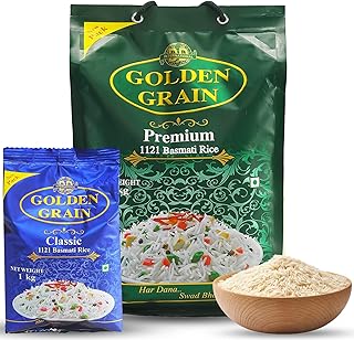 GOLDEN GRAIN Premium Basmati Rice 5Kg + Classic 1Kg Combo | Extra Long Grain 3X with Rich Aroma | Traditional Biryani Rice | Naturally Aged & Non-Stic