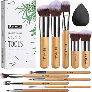 BS-MALL Makeup Brush Set 11Pcs Bamboo Synthetic Kabuki Brush Set Foundation Powder Blending Concealer Eye shadows Blush Cosmetics Brushes with Travel
