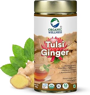 Organic Wellness Tulsi Ginger Herbal Tea 100g Tin | Natural Antioxidant Rich Blend | Supports Digestion | Relieves Stress | Boosts Metabolism | Enhanc