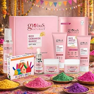 Globus Naturals Holi Special Rice Ceramide Korean Glass Skin 7 Step Skincare Gift Set for Women & Men | Face Wash, Scrub, Toner, Serum, Cream, Peel Of