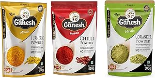 New Shree Ganesh Masale Pure Natural Strong Flavor 500 gm Each Pack Turmeric Red Chilli & Coriander Powder Combo of 3 Sets