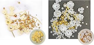 S.A.V.I (Set of 2) Nail Art Set Rivet Rhinestone Resin Decoration Shell Flower White Pearl Golden Beads Yellow Color Mixed Sizes For Manicure, 10g eac