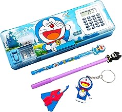 TISHNA Plastic Doraemon Pencil Box Integrated Sharpener And Calculator,Magnetic Lock,Dual Compartments,Cartoon Stationery Case School Kit For Girls,Ki