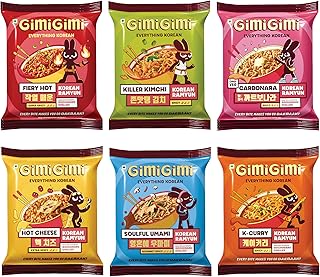 GIMI GIMI - Weely combo of pack of Fiery Hot, Killer Kimchi, K-curry, Hot Cheese, Carbonara, and Soulful Umami | Veg Korean Noodles | Authentic Korean