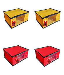 ADWITIYA ? Set of 4 ? Black Border Nonwoven Large Saree Cover / Organizer For Clothes / Garment Storage Bag With Zip - Yellow & Red