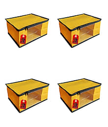 ADWITIYA ? Set of 4 ? Black Border Nonwoven Large Saree Cover / Organizer For Clothes / Garment Storage Bag With Zip - Yellow
