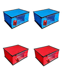 ADWITIYA ? Set of 4 ? Black Border Nonwoven Large Saree Cover / Organizer For Clothes / Garment Storage Bag With Zip - Blue & Red
