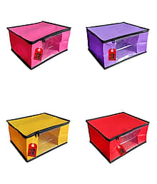 ADWITIYA ? Set of 4 ? Black Border Nonwoven Large Saree Cover / Organizer For Clothes / Garment Storage Bag With Zip - Pink Purple Yellow & Red