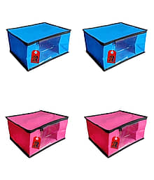 ADWITIYA ? Set of 4 ? Black Border Nonwoven Large Saree Cover / Organizer For Clothes / Garment Storage Bag With Zip - Blue & Pink