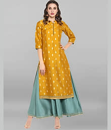 AK FASHION MALL Women Cotton Blend Embroidered A-line Kurti With Pants ( Yellow )