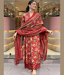 AK FASHION MALL Women Cotton Blend Embroidered A-line Kurti With Pants ( Brown )