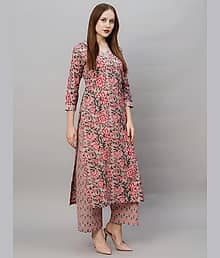 AK FASHION MALL Women Cotton Blend Printed Straight Kurti With Pants ( Pink )