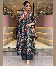 AK FASHION MALL Women Cotton Blend Embroidered A-line Kurti With Pants ( Blue )