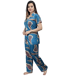 ANSH Collections Satin Printed Women Shirt with Pyjama ( Blue )