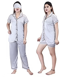 ANSH Collections Satin Solid Women Shirt with Pyjama ( Grey )