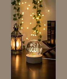 Allah 3D Crystal Ball LED Night Lamp with Wooden Base | Islamic Calligraphy Decorative Light for Home, Bedroom, Office, Ramadan Gift