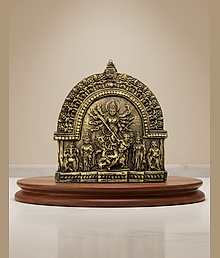 Antique Brass Durga Idol, Hindu Goddess Wall Decor Panel, Traditional Religious Art Sculpture with Wooden Base, Decorative Metal Showpiece 20cm