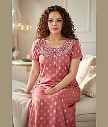 BAILEY SELLS Cotton Embroidered Women Regular Nighty ( Peach )