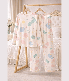 BYAARA SHOP Lycra Self Design Women T-shirt with Pyjama ( Cream )
