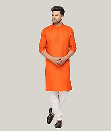 Balaji's Cotton Blend Solid Regular Fit Kurta Pyjama Set For Men ( Orange )