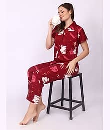 Be You Satin Printed Women Shirt with Pyjama ( Maroon )