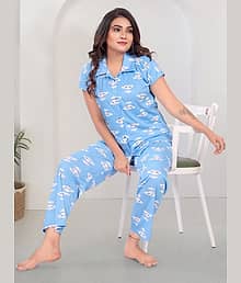 Be You Satin Printed Women Shirt with Pyjama ( Blue )