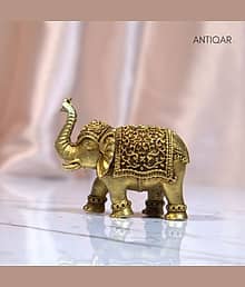 Brass Elephant Showpiece in Vintage Design - 3.5cm | Antique Golden Finish | Decorative Figurines for Temple, Home & Office