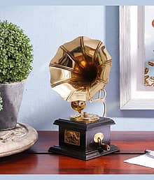Brass Vintage Gramophone Showpiece for Home and Living Room, 17 cm, Gold,