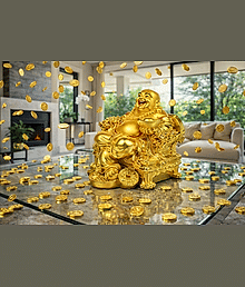 Buddha On Chair With Ingot And Money Coin Laughing Buddha Idol For Health, Wealth & Prosperity Decorative Showpiece - Height 7cm (Polyresin, Golden)