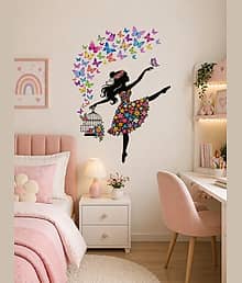 Butterfly Girl Floral Vinyl Wall Sticker 18x24 Inch | Colorful Ballerina Wall Decor for Bedroom & Living Room