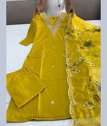 C4A Women Rayon Embroidered Straight Kurti With Pants ( Yellow )