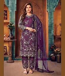 CELEBRITY ZONE Women Net Embroidered Anarkali Kurti With Palazzo ( Wine )