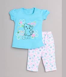 CUTEVIBE Pack of 1 Girls Cotton Blend Top With Pajama ( Sky Blue )