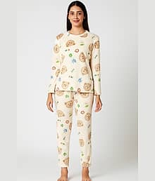 Camey Fleece Printed Women Top with Pyjama ( Beige )