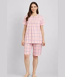 Camey Viscose Checked Women Top with Capris ( Pink )