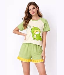 Camey Viscose Printed Women T-shirt with Shorts ( Green )