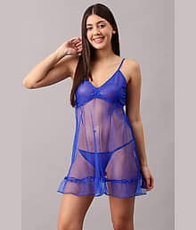 Clovia Blue Lace Women Baby Doll Dress With Panty