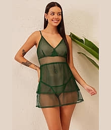 Clovia Green Lace Women Baby Doll Dress With Panty