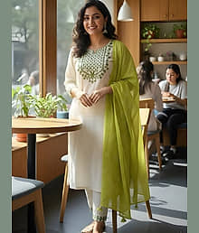DHANANI CREATION01 Women Rayon Printed A-line Kurti With Pants ( Off White )
