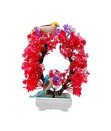 DIYANK Red & Blue Artificial Plant with 2 Cute Sparrows with LED for your Home Decor. Bonsai Wild Artificial Plant with Pot (23 cm, Red, Blue)