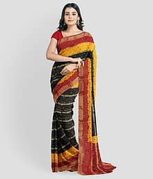 Dishita Cotton Checks Bandhani Sarees Without Blouse Piece ( Black )