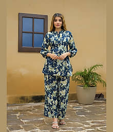 Divena Women Printed Tunic With Trousers Co-Ord Set ( Navy Blue )
