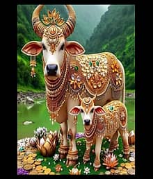 Divine Kamdhenu Cow & Calf Idol ? Premium Spiritual Wooden Photo Frame